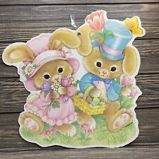 Vtg Eureka Easter Cardboard Wall Decor Bunny Couple Pink Dress Blue Coat 12.5” picture