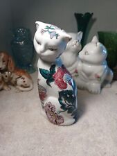 Vintage Chinese Ceramic Hand Painted  Floral Cat Statue 7.25
