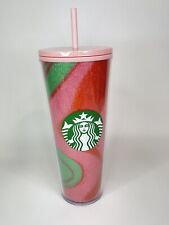 Starbucks Christmas Pink Red Green Glitter Wavy Swirl Cold Cup Tumbler 24 oz picture