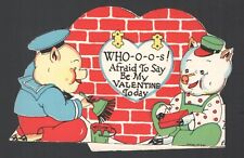 Vintage UnUsed Childs Valentines Day Card 3 Little Pigs Building Brick House picture