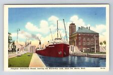 Sault Ste Marie MI-Michigan, Freighter Downward Bound, Lock, Vintage PC Postcard picture