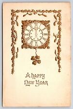 Holiday~A Happy New Year~Gold Clock W/ Clover & Mistletoe~Emb~Vintage Postcard picture