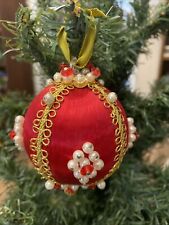 Push Pin Satin Ornament Vintage Christmas Red with Faux Pearls Gold Ribbon picture