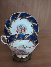 Vintage Tea Cup & Saucer Beautiful Paragon Dark Blue Rim Flowers picture