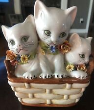 Vtg Green Eyed Kittens/Cats In A Basket Piggy Bank/Figurine READ Made In Italy picture