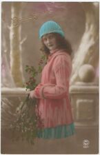Pretty Young Woman 1910s ‘Happy New Year’ French Tinted Original Photo Postcard picture