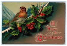 c1910's Christmas Song Bird Holly Berries Embossed Posted Antique Postcard picture