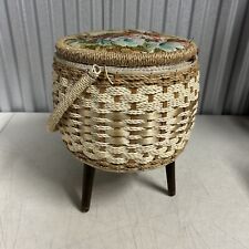 Vintage Wicker Picnic Basket Ottoman W/ Needle Point Decor Lid Floral Rare picture