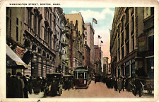 Washington Street Tram Wagons Horses Crowd Boston MA White Border Postcard c1923 picture