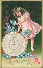 c1910 Raphael Tuck Girl Clock Forget Me Nots New Year P464 picture