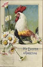 Easter Greeting Rooster Daisies Antique Embossed Postcard c1910 picture