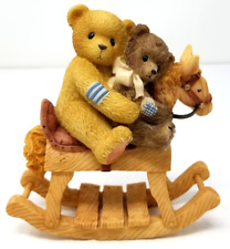 Teddy Bears Riding Rocking Horse Figurine Light Dark Bow Resin Vintage picture