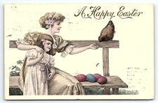 1912 A HAPPY EASTER LADY GIRLS CHICKEN EGGS HAND TINTED POSTCARD P3296 picture