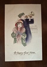 Vintage Postcard 1921 Happy New Year Young Couple Blowing Party Flavors picture