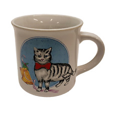 Vintage 1985 Cat Coffee Mug Stripe Cat Red Bowtie Christmas Bell Chadwick Miller picture