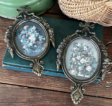 Pair of Vintage Italian Ornate Brass Frame Floral Pictures Oval ~ Made in Italy picture