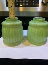 TWO Nice 4 1/2” Tall Mid Century GREEN RIBBED Light Lamp Shade Globe. picture