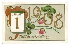 c1908 Souvenir New Year Postcard Four Leaf Clover, Calendar Embossed picture
