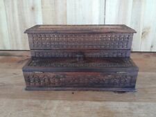 antique decorative Carved wooden hidden ink wells and wax ornate box w/ hinges  picture