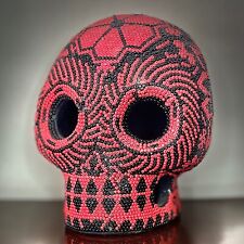 Huichol Mexican Folk Art Sculpture Hand Beaded  - Skull Red / Black 100% Unique picture