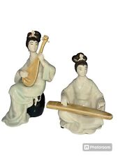2 Chinese Celadon Porcelain Figurines Women Playing Pluck Pipa Qin Zither VTG picture