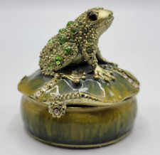Frog On Leaf Trinket Box Jeweled Enamel Metal Crystal Trinket Box Rhinestones picture