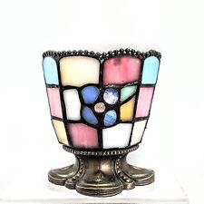 Vintage Party Lite Stained Glass Brass Candle Holder W Flameless Candle 4  1/2” picture