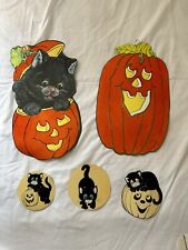 Lot Of 5 Vintage Halloween Die Cut Black Cat Pumpkin Flocked picture
