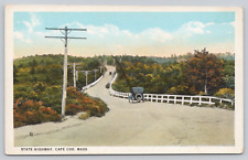 State Highway Cape Cod MA, Curt Teich Postcard, Vintage Early Car Auto, Route 6A picture