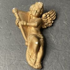 Vintage Gold Painted Cherub Mexico Angel Harp Hanging Ornament 1960’s Chalk Ware picture