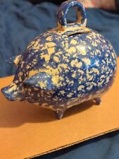 ANTIQUE~PIGGY BANK~Blue Spongeware Pig picture