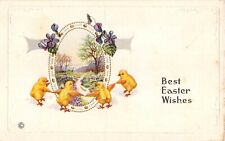 1916 Easter Postcard of Cute Chicks Dancing Around Rural Scene & Violets-507 D picture