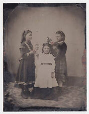 BEAUTIFUL YOUNG GIRLS PLACING TINTED ROSES IN ONES HAIR ~ c. - 1870 picture