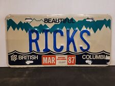 1987 British Columbia VANITY RICKs License Plate Tag Original. picture