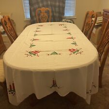 Vintage Christmas Holiday Embroidered Applique Tablecloth 100 x 64 & 12 Napkins picture