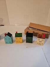 Vintage Folk Art Hand Made Painted Solid Wood Village Houses Figures Lot Of 4 picture