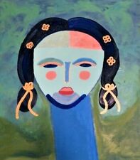 Oil Painting Woman Girl Semi-Abstract Face People Green Blue Pink Gold Medium US picture