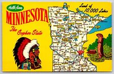 State Map~Hello From Minnesota~Wadena~Duluth~Moorhead~New Ulm~Vintage Postcard picture