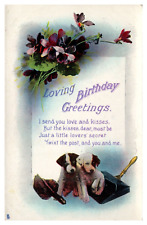 Early 1900's Loving Birthday Greetings, Puppies and Flowers Postcard picture