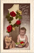 c1910s FIRST BIRTHDAY Embossed RPPC Photo Postcard Kitty Cat / Baby - UNUSED picture