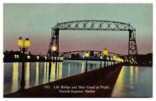 1937 Lift Bridge and Ship Canal at Night, Duluth, MN Postcard picture