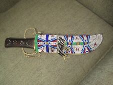 ANTIQUE 1800s NATIVE AMERICAN INDIAN HUDSON BAY TRADE KNIFE & BEADED HIDE SHEATH picture