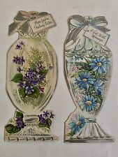 2 Vintage 1962 Floral Get Well Cards Purple Violets Blue Daisies Vases Sunshine picture
