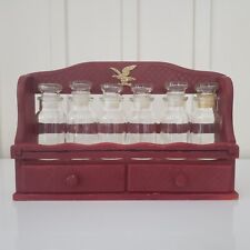 Vintage Wooden Spice Rack Painted 6 Glass Bottles Brass Eagle Japan Apothecary picture