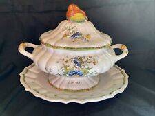Vintage Porcelain Soup Tureen with Underdish Platter Large Hand Painted Floral picture