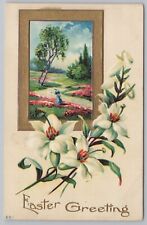 Holiday~Easter Greetings~White Flowers & Green Stems~Lady By River~Vintage PC picture