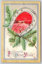 Prosperous New Year~Winter Town Scene In Horseshoe W/ Pinecones~PM 1912~Postcard picture
