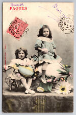 Antique Heureuses Paques Postcard Adorable Girls Wishing You A Happy Easter T225 picture