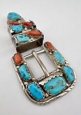 Vtg Angelita Cheama Zuni Turquoise & Coral Sterling Silver 4pc Ranger Buckle Set picture