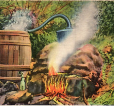 Vintage c.1937 Linen Postcard Kentucky Moonshine mountain dew Fire Barrels-B2-29 picture
